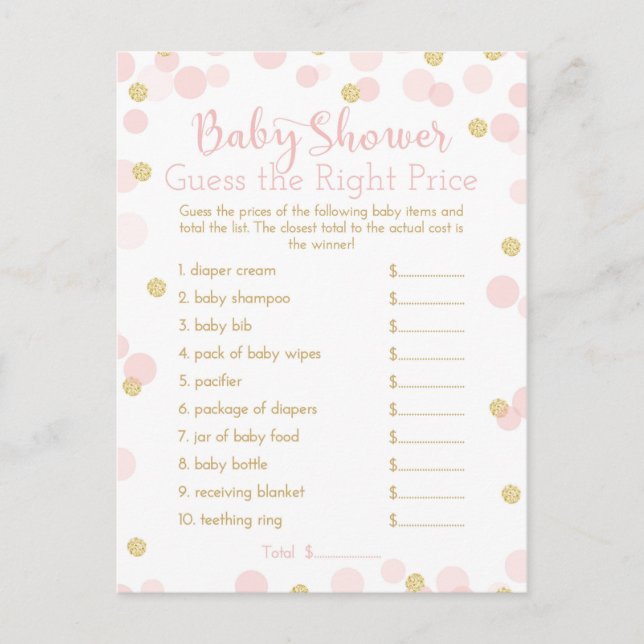 Pink & Gold Baby Dusche Raten Sie die Preis-Spiel- Einladungspostkarte (Vorderseite)