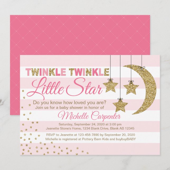 Pink Gold baby shower invitation fille petite étoi (Devant / Derrière)