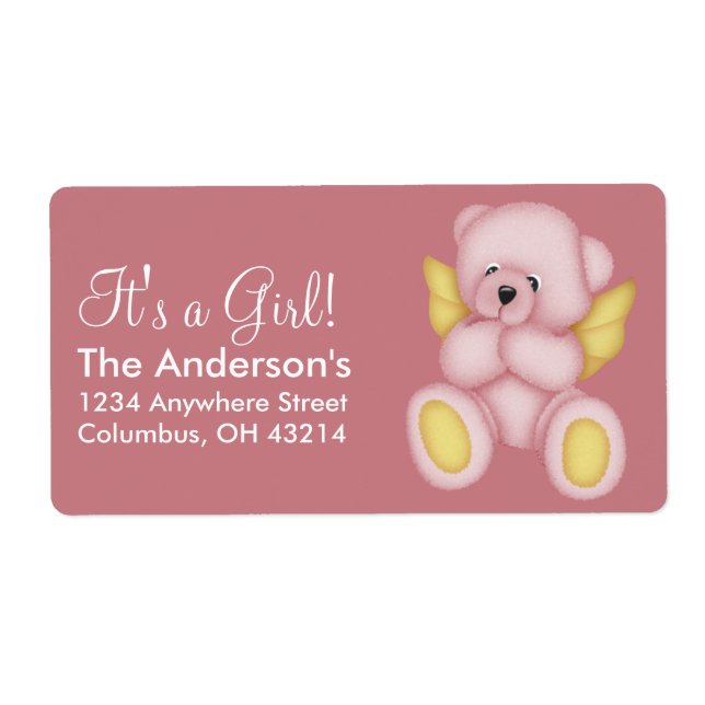 Pink & Gold Baby Teddy Bear Angel Adressenaufklebe (Vorne)
