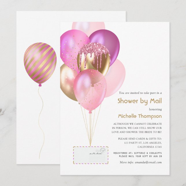Pink & Gold Ballon Baby oder Brautparty per Mail Einladung (Vorne/Hinten)