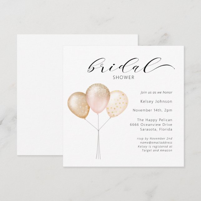 Pink-Gold-Ballon-Kalligrafie-Brautparty Einladung (Vorne/Hinten)