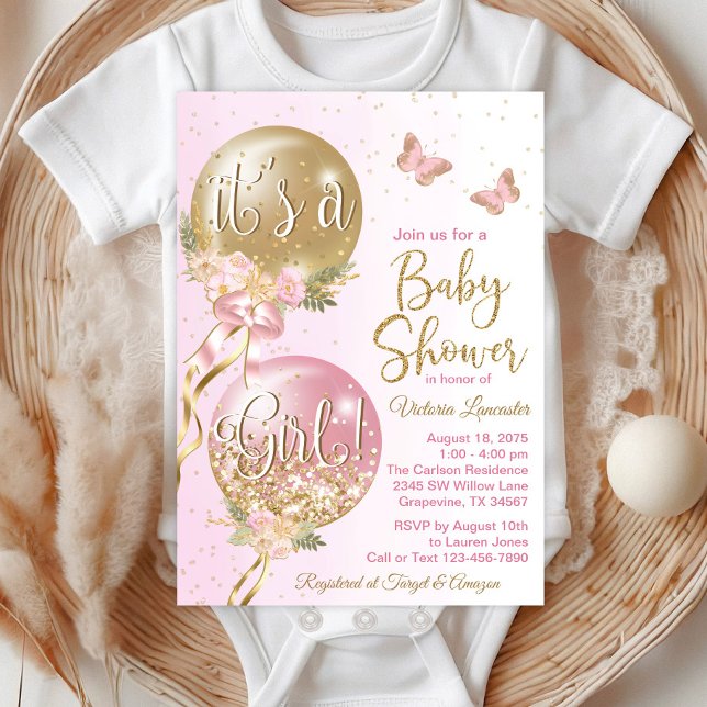 Pink Gold Balloons Butterfly Baby Dusche Einladung (Beautiful butterfly and balloons baby shower invitations. )