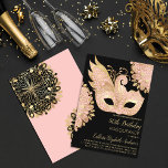 Pink Gold Black Masquerade Maske 50. Geburtstag Einladung<br><div class="desc">Diese hübsche und moderne 50. Geburtstagsfeier lädt die trendige und stilvolle Geburtstagsfrau zum Verweilen ein. Das wunderschöne, einzigartige und elegante Design zeigt ein Imitat mit Goldfolie, das auf einem schwarzen Hintergrund mit einer handgezeichnet Maskerade aus schwarzem Rosa bedruckt ist. Dieser illustrative zeichn wird ergänzt durch zwei blumengeschmückte verzierte Spitzen-Mandalase. Dieses...</div>