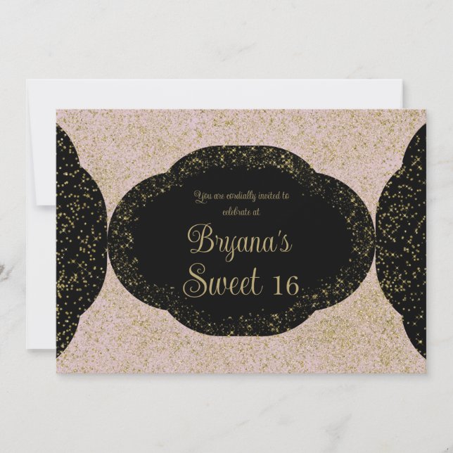 Pink Gold Black Starry Glitzer Sweet 16 Birthday Einladung (Vorderseite)