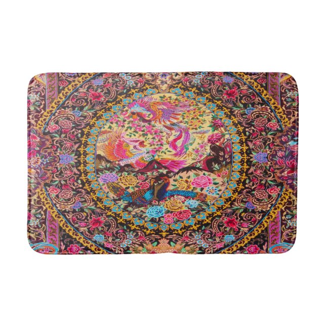 Pink Gold Blue Persian Floral Blumen Pfau Kunst Badematte (Vorderseite)