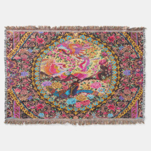 Pink Gold Blue Persian Floral Blumen Pfau Kunst Decke