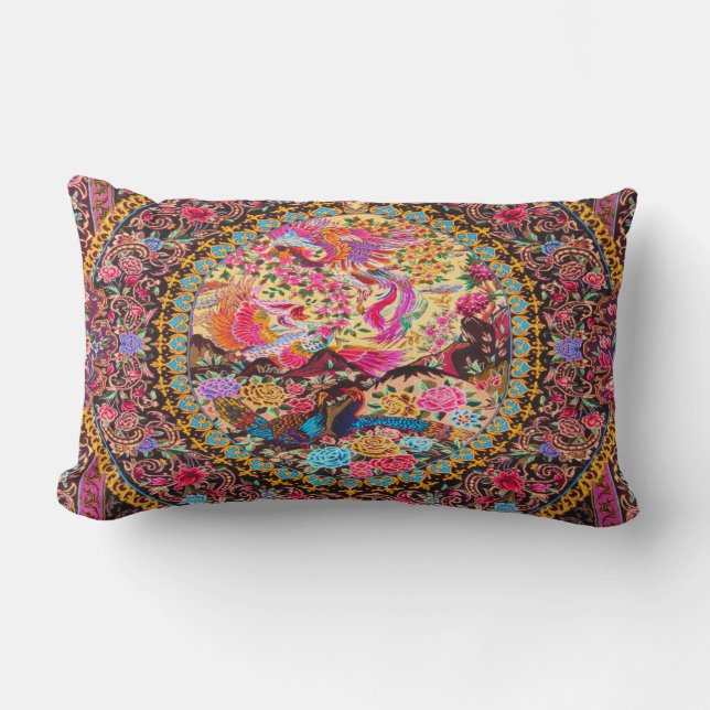 Pink Gold Blue Persian Floral Blumen Pfau Kunst Lendenkissen (Vorderseite)