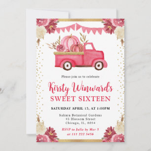 Pink Gold Blumen Kürbis LKW Herbst Sweet 16 Einladung