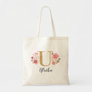 Pink-Gold Blumen Monogramm Buchstabe "U" Tragetasche