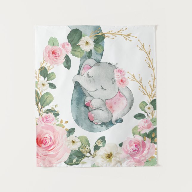 Pink Gold Blumengrün Elephant Baby Kinderzimmer Wandteppich (Vorderseite)