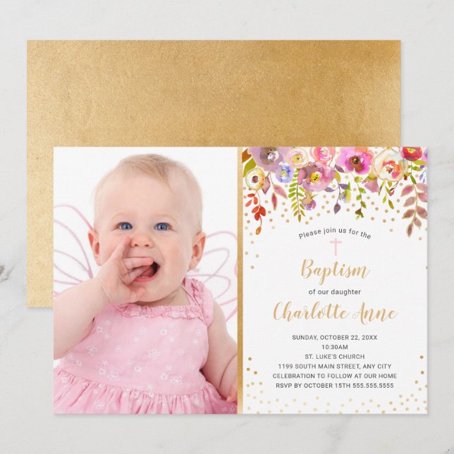 Pink Gold Blumenmädchen Foto Taufe Einladung (Vorne/Hinten)