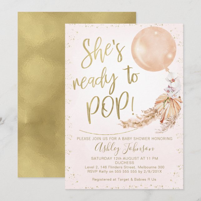 Pink Gold Boho Ballon Bereit zum Pop Kinderdusche Einladung (Vorne/Hinten)