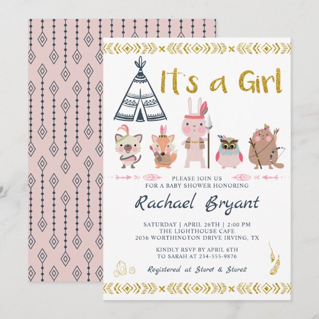 Pink Gold Boho Tiere seine Girl Baby Dusche Einladung (Vorne/Hinten)