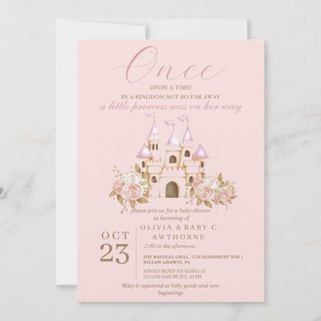 Pink Gold Burg Princess Baby Dusche Einladung (Vorderseite)