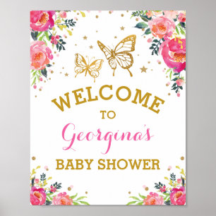 Pink Gold Butterfly Aquarell Blume Willkommen Poster