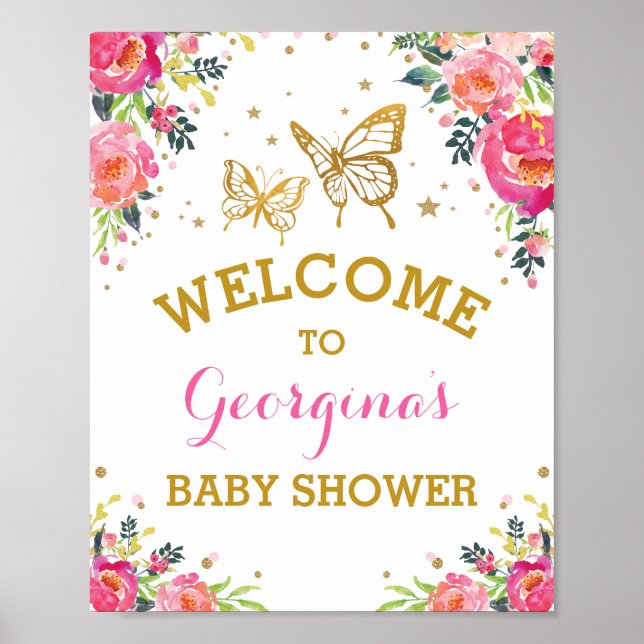 Pink Gold Butterfly Aquarell Blume Willkommen Poster (Vorne)