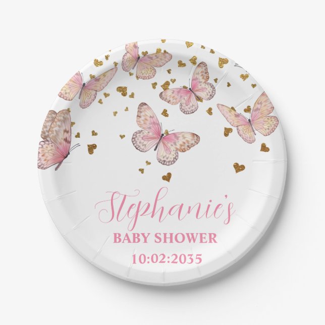 Pink & Gold Butterfly Kisses Baby Dusche Pappteller (Vorderseite)