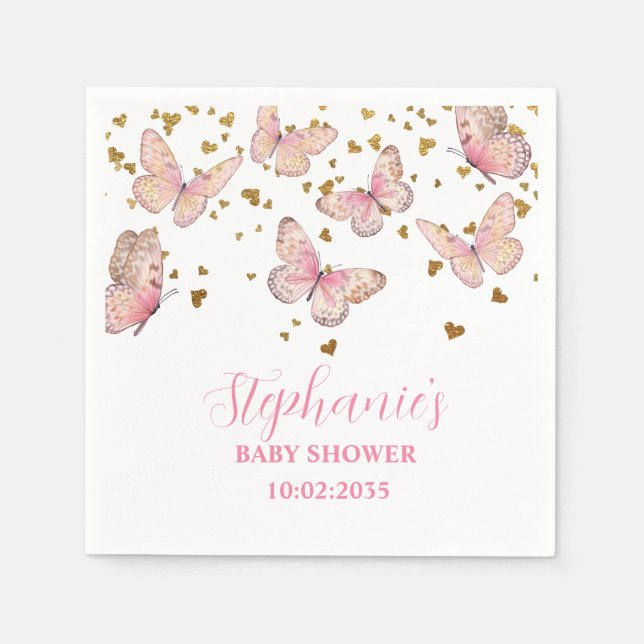 Pink & Gold Butterfly Kisses Baby Dusche Serviette (Vorderseite)