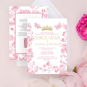Pink Gold Butterfly QR Quinceañera Mis Quince Años Einladung