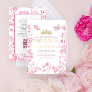 Pink Gold Butterfly Quinceañera QR Mis Quince Años Einladung