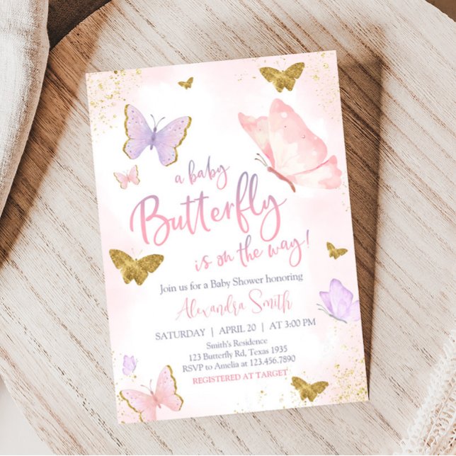 Pink Gold Butterfly Spring Baby Dusche Einladung (Purple Gold Butterfly Baby Shower Invitation)