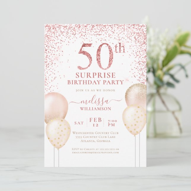 Pink Gold Calligraphy Überraschung 50. Geburtstag Einladung (Stehend Vorderseite)
