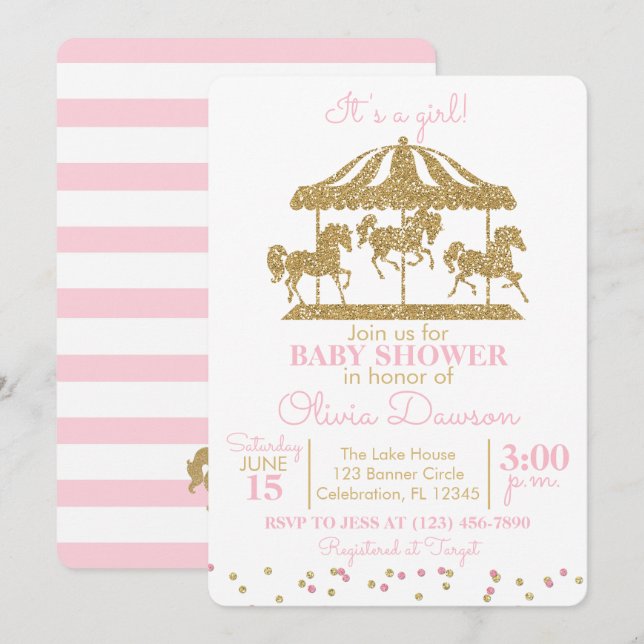 Pink & Gold Carousel Girl Babydusche Einladung (Vorne/Hinten)