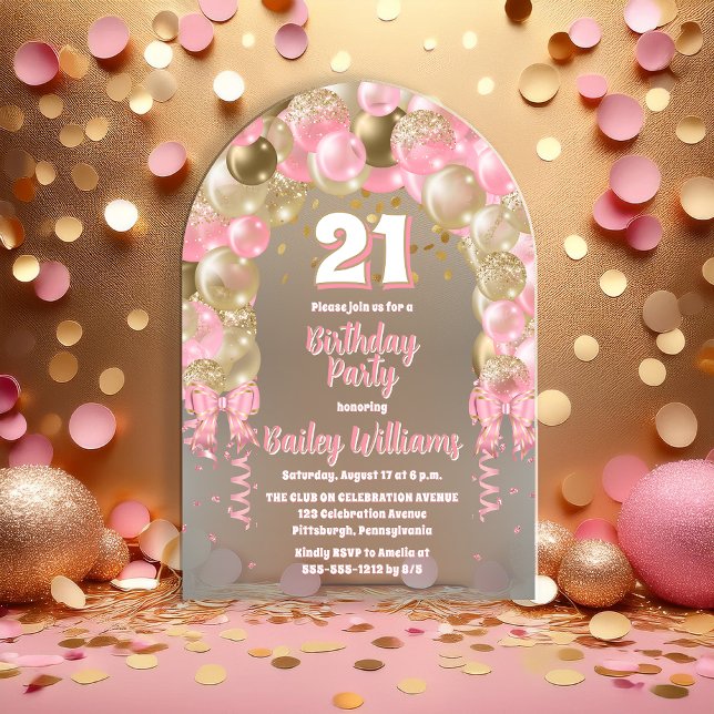 Pink Gold Celebration Balloons 21. Geburtstag Part Acryleinladungen (Pink | Gold Tone Celebration Balloons "21" 21st Birthday Party Acrylic Invitation)