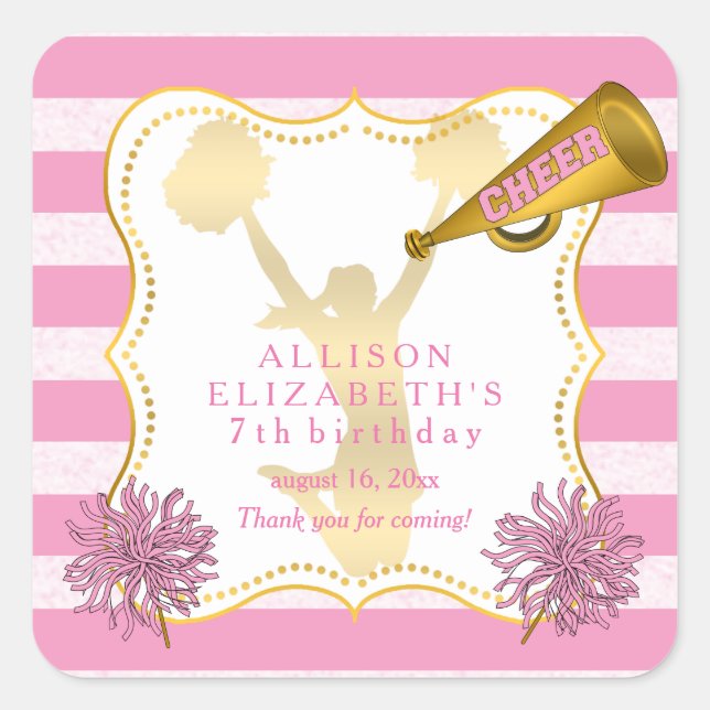 Pink | Gold Cheerleader Girl Birthday Party Quadratischer Aufkleber (Vorderseite)