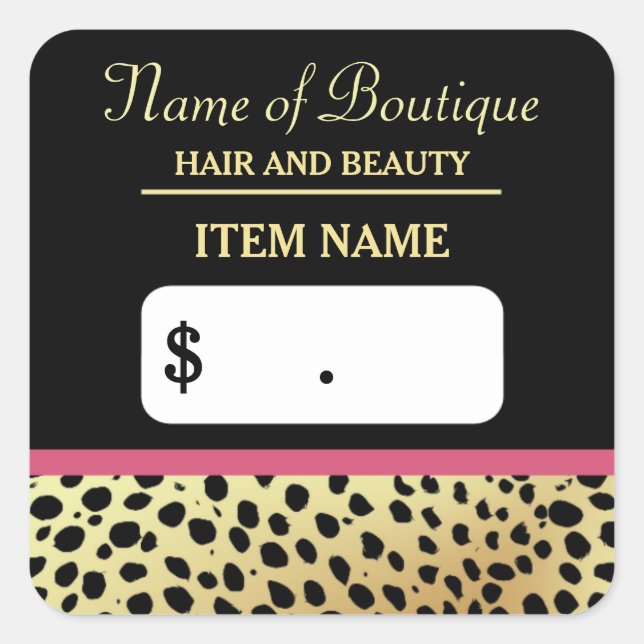Pink Gold Cheetah Print Beauty Boutique Preis Tags Quadratischer Aufkleber (Vorderseite)