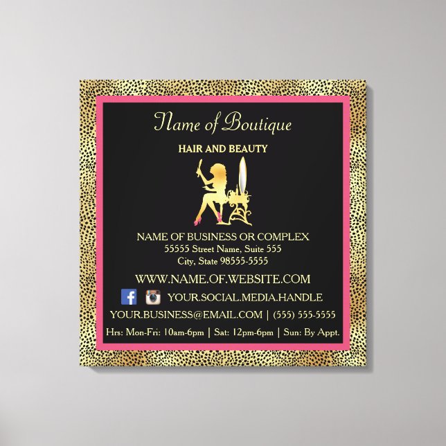 Pink Gold Cheetah Print Boutique Information Sign Leinwanddruck (Vorderseite)