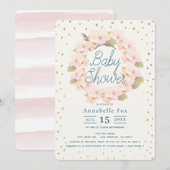 Pink & Gold Cherry Blossom Kinderdusche Einladung (Vorne/Hinten)