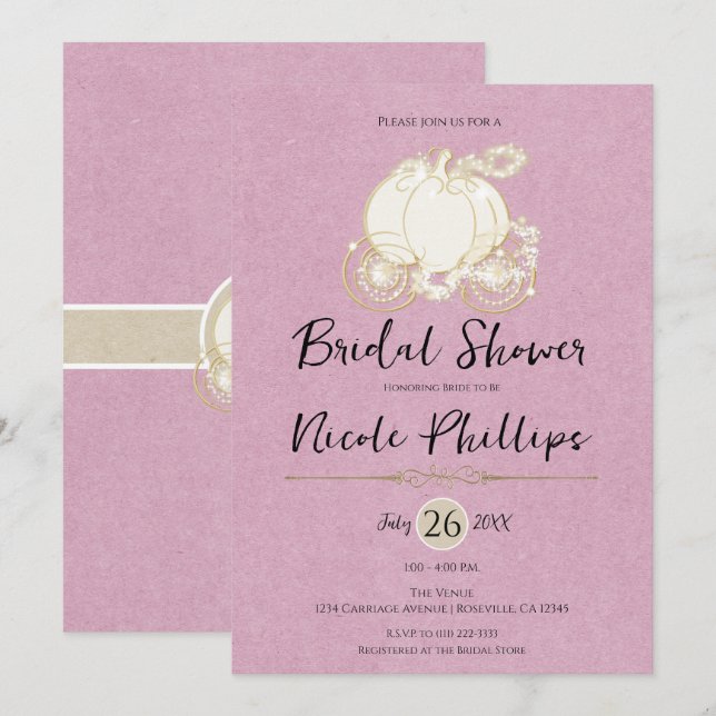 Pink Gold Cinderella Carriage Brautparty Einladung (Vorne/Hinten)