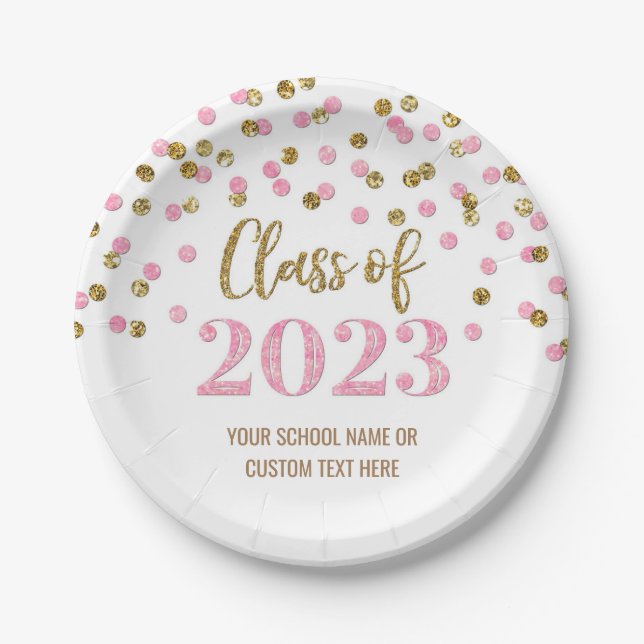Pink Gold Confetti Abschluss 2023 Pappteller (Vorderseite)