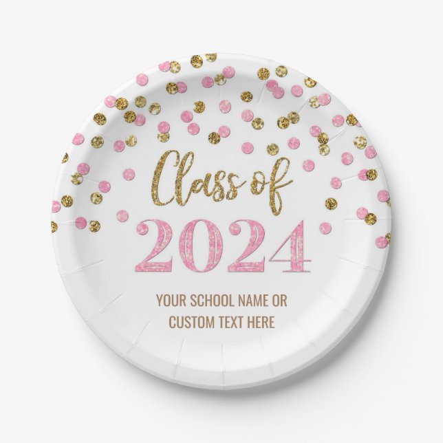 Pink Gold Confetti Abschluss 2024 Pappteller (Vorderseite)