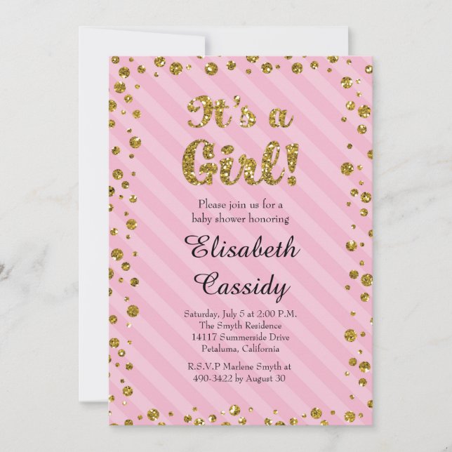 Pink Gold Confetti Baby Girl Dusche Einladung (Vorderseite)
