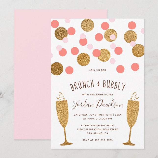 Pink & Gold Confetti Brunch & Bubbly Einladungen (Vorne/Hinten)
