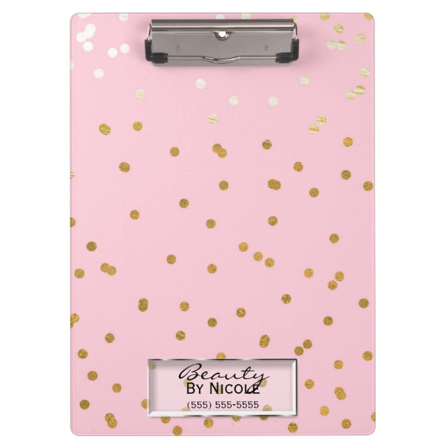 Pink Gold Confetti Dots Elegantes Glam Personalisi Klemmbrett (Vorderseite)