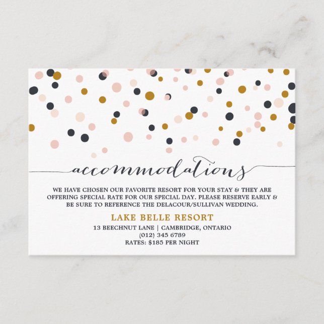 Pink & Gold Confetti Dots Unterkunft Karte (Vorderseite)