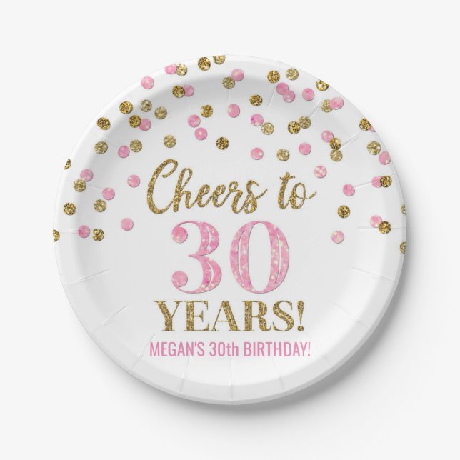 Pink Gold Confetti freut sich auf 30 Jahre Geburts Pappteller (Vorderseite)