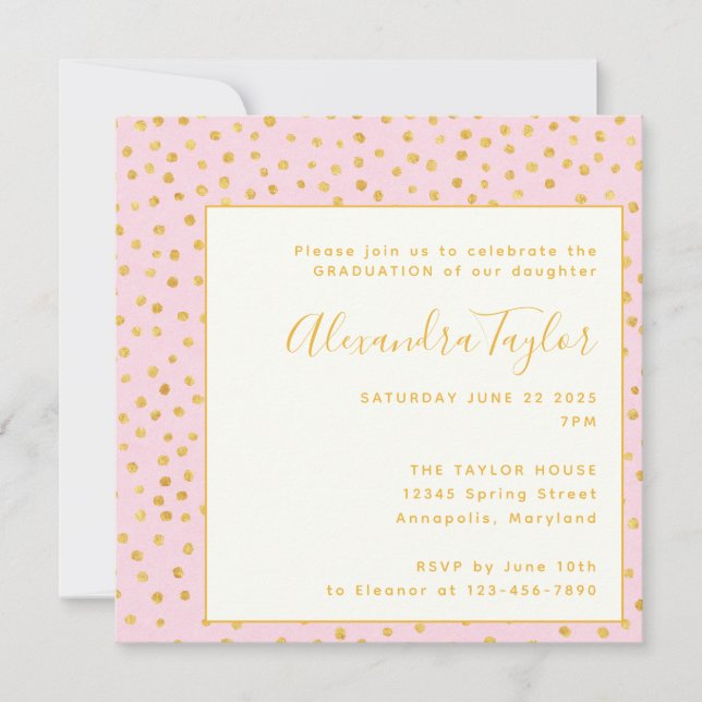 Pink Gold Confetti Polka Dots Graduation Party Einladung (Vorderseite)