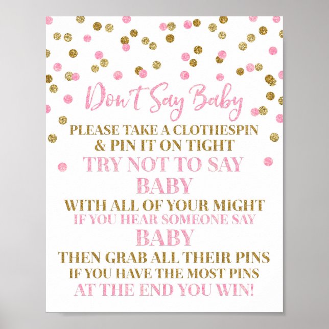 Pink Gold Confetti Say Baby Game Sign Poster (Vorne)