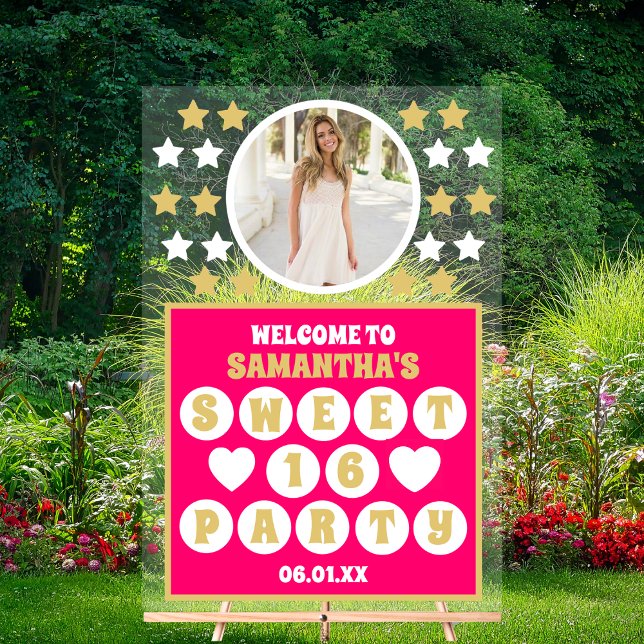 Pink Gold Confetti Stars Foto Sweet 16 Willkommen Acrylschild (Von Creator hochgeladen)