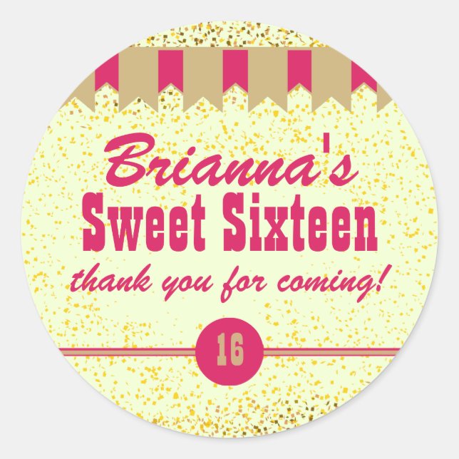 Pink & Gold Confetti Sweet 16 Party Stickers (Vorderseite)