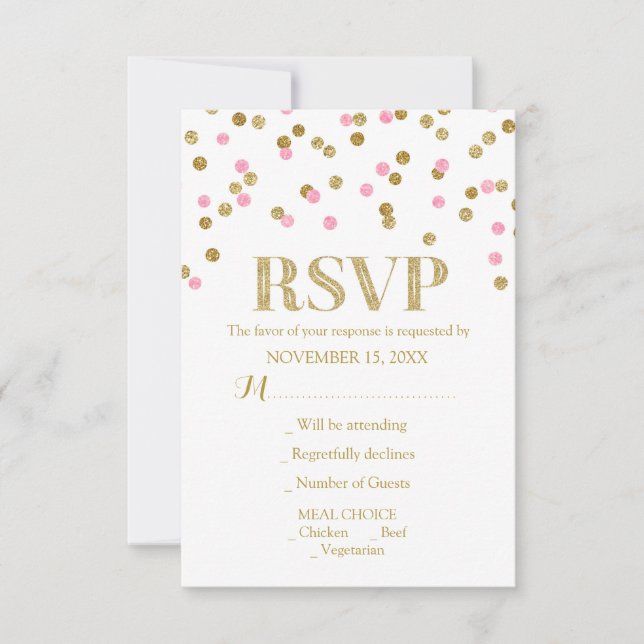 Pink Gold Confetti Wedding RSVP Cards Karte (Vorderseite)