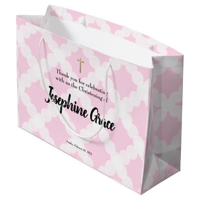 Pink Gold Cross Personalisiert Baby Girl Christeni Große Geschenktüte (Rückseite Schrägansicht)