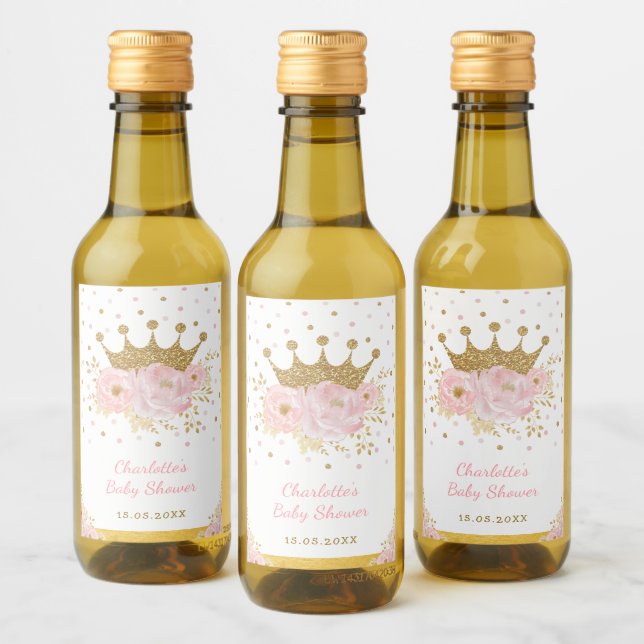 Pink Gold Crown Princess Floral Baby Girl Favorite Weinetikett (Flaschen)