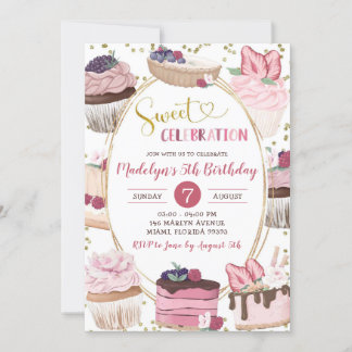 Pink Gold Cupcake Sweet Celebration Girl Birthday Einladung