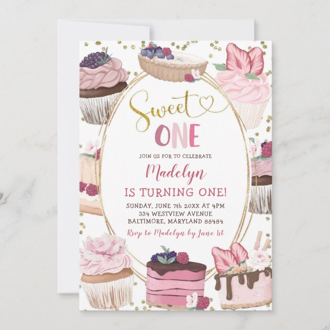 Pink Gold Cupcake Sweet One Birthday Einladung (Vorderseite)