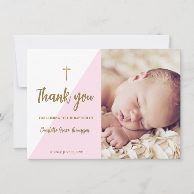 Pink Gold Custom Baby Girl Taufe Dankeskarte (Vorderseite)